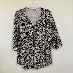 Belle by Kim Gravel Zip Front Womens Top Sz 3X Animal Print 3/4 Sleeve Stretch
